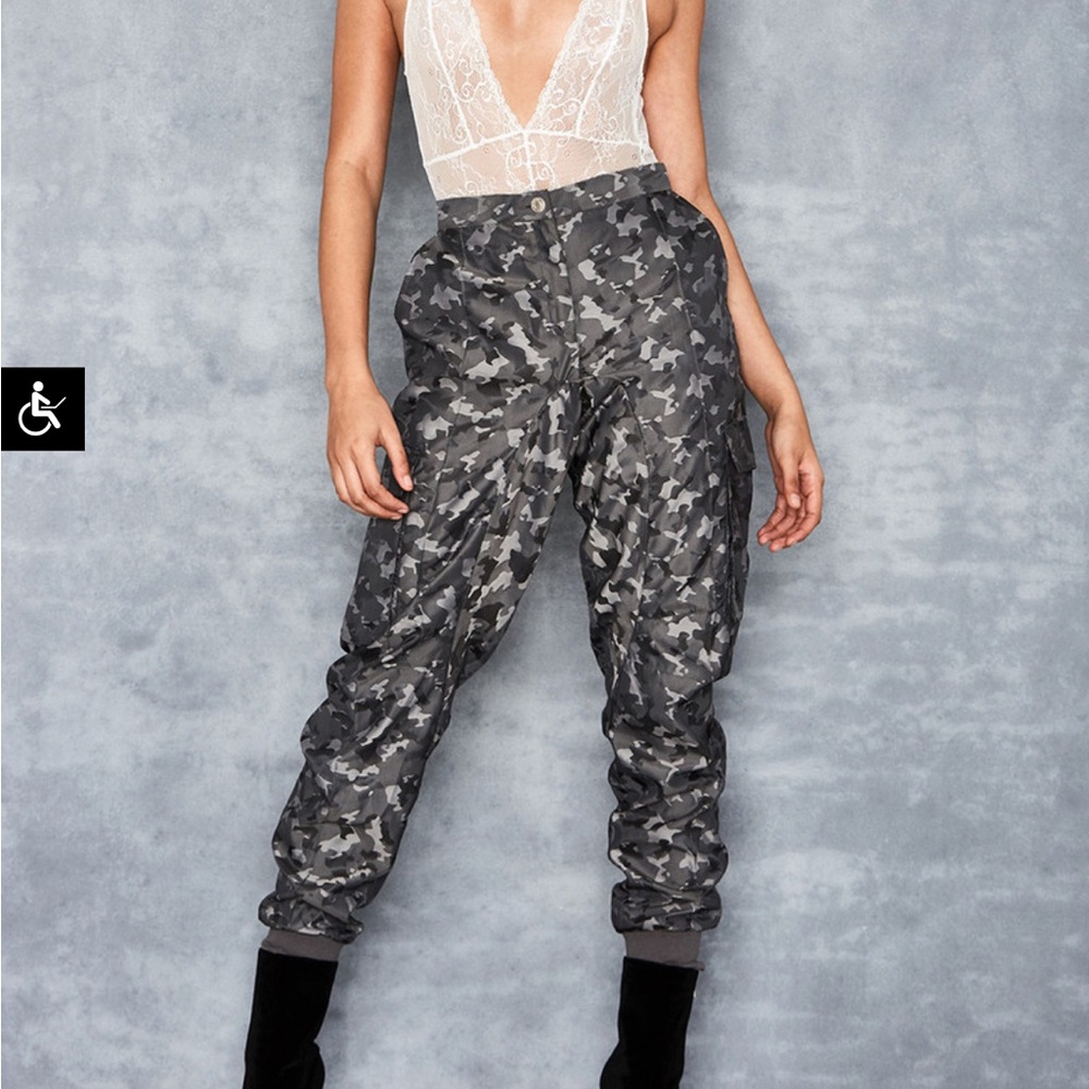 MISTRESS ROCK 'LINGUA' Grey Camo Dropped Crotch Joggers Size Large XS